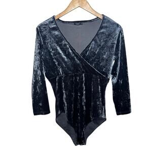 Women Size L Velvet Bodysuit Blue Babydoll 3/4 Sleeve Y2K Dark Romantic Witchy
